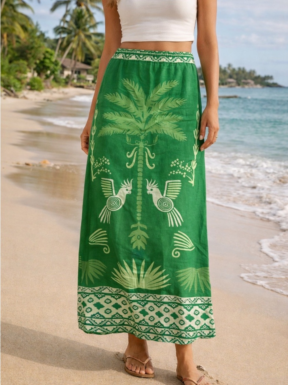 Rachel Zoe M Linen Blend Tropical Palm Bird Maxi Skirt Resort Coastal Boho - Picture 2 of 10
